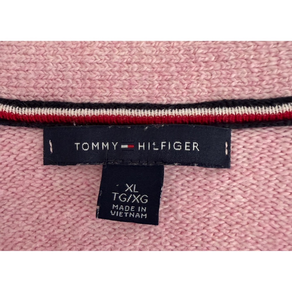 Tommy Hilfiger Womens Pink Henley V-Neck Sweater XL Cotton Blend Logo Stripe Hem - Picture 2 of 6